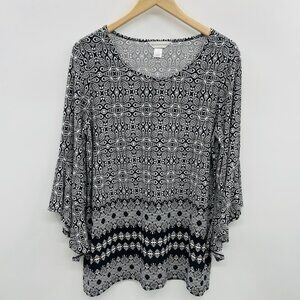 Christopher & Banks Womens Large Printed Flare Sleeve Scoop Neck Blouse 2666